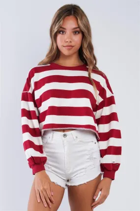 White & Red Striped Cropped Crew Neck Sweater /3-2-1