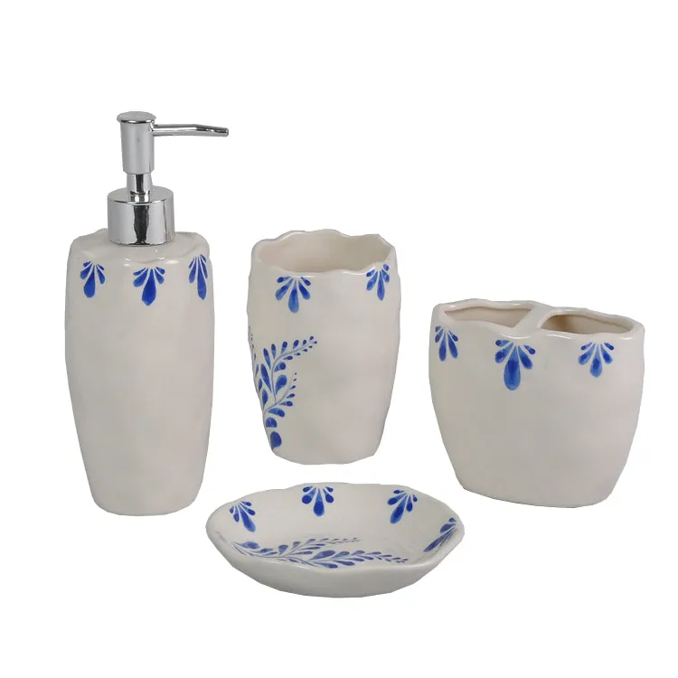 White And Blue Vines Bathroom Accessory Set