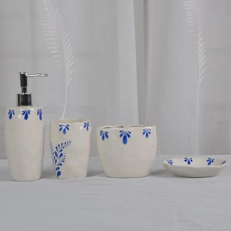 White And Blue Vines Bathroom Accessory Set