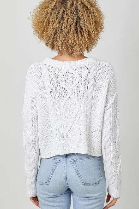 WHITE CABLE KNIT SWEATER