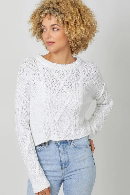 WHITE CABLE KNIT SWEATER