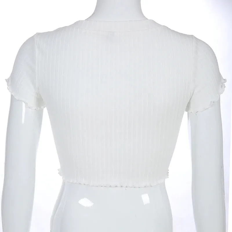 White Solid Short Sleeve Cropped Single-Breasted V Neck Sexy Elegant Tees