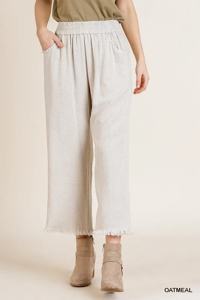 Wide Leg Pant with Elastic Waist, Pockets, and Frayed Hem