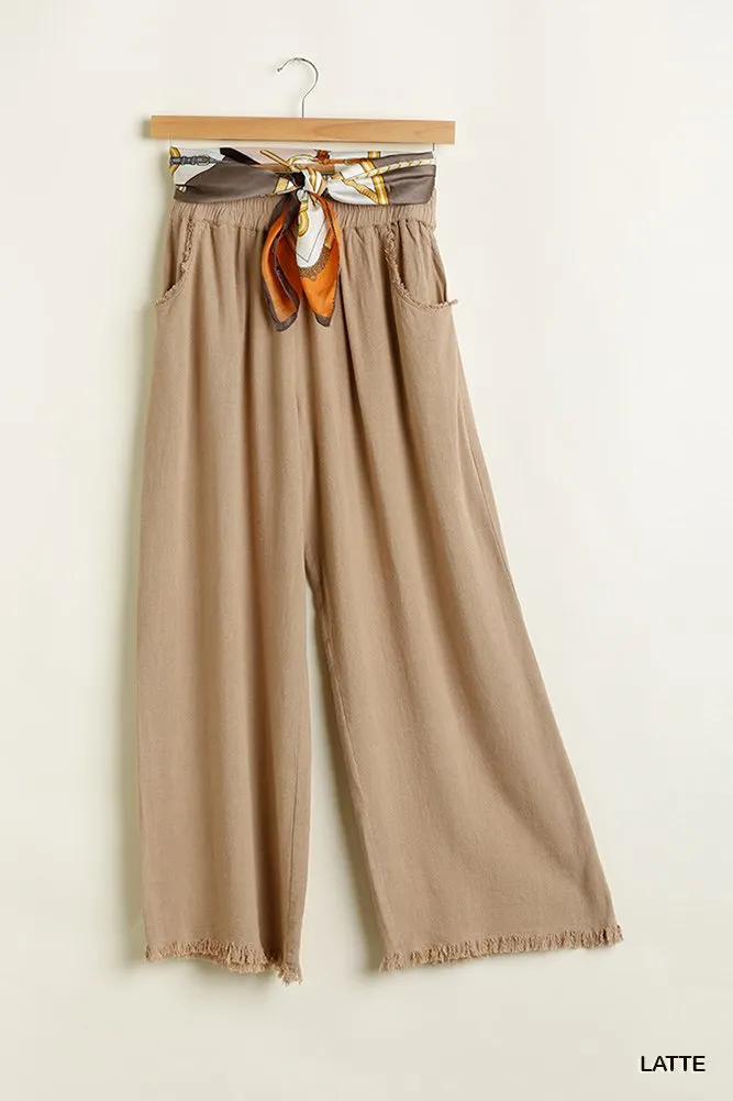 Wide Leg Pant with Elastic Waist, Pockets, and Frayed Hem