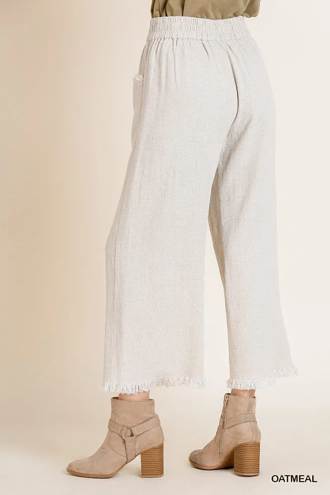 Wide Leg Pant with Elastic Waist, Pockets, and Frayed Hem