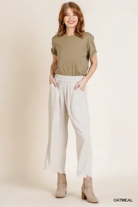 Wide Leg Pant with Elastic Waist, Pockets, and Frayed Hem