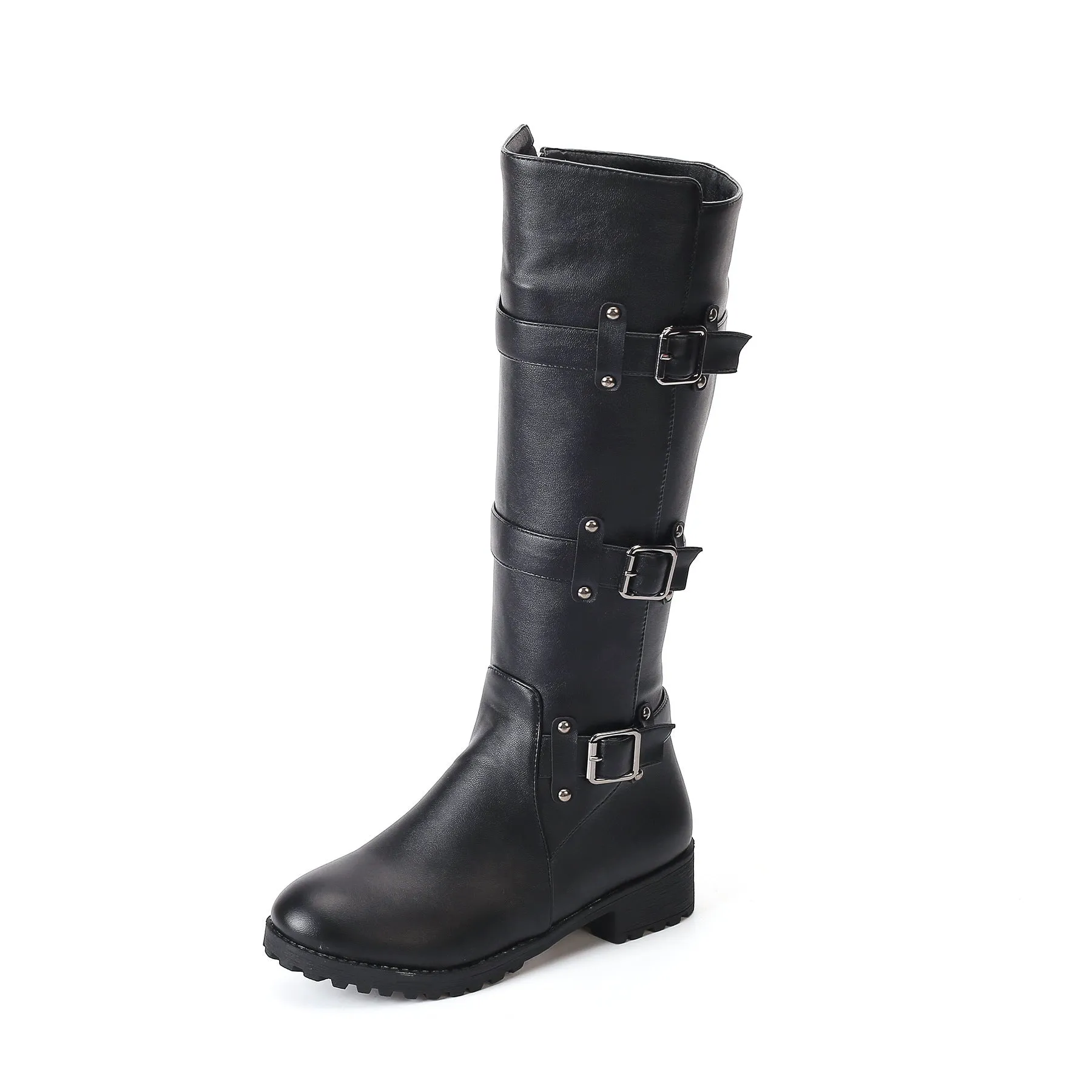 Women buckle straps side zipper chunky heel knee high motorcycle boots