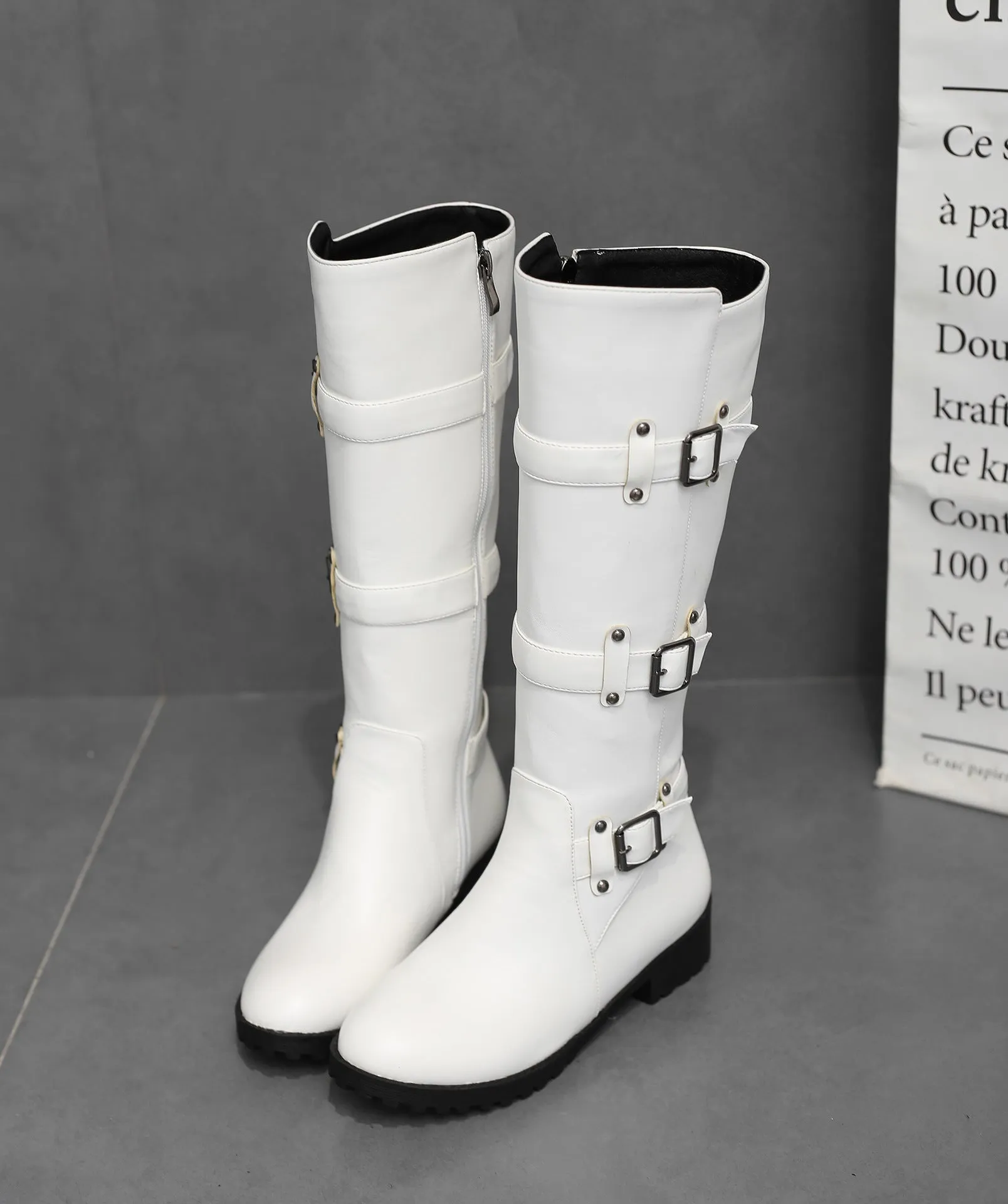 Women buckle straps side zipper chunky heel knee high motorcycle boots