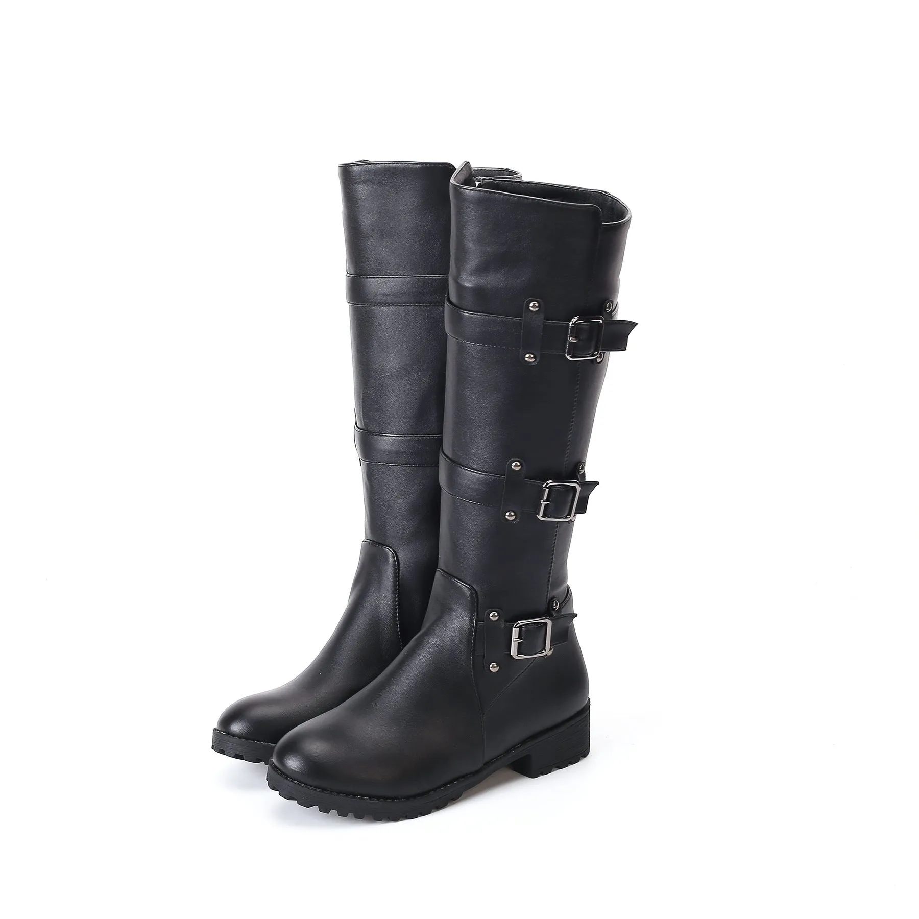 Women buckle straps side zipper chunky heel knee high motorcycle boots