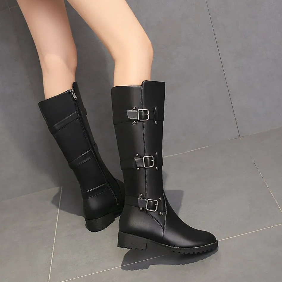 Women buckle straps side zipper chunky heel knee high motorcycle boots