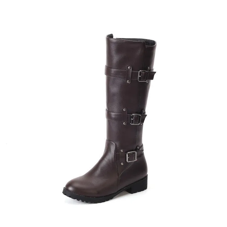 Women buckle straps side zipper chunky heel knee high motorcycle boots