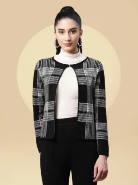 Women Checkered Black Slim Fit Casual Cardigan