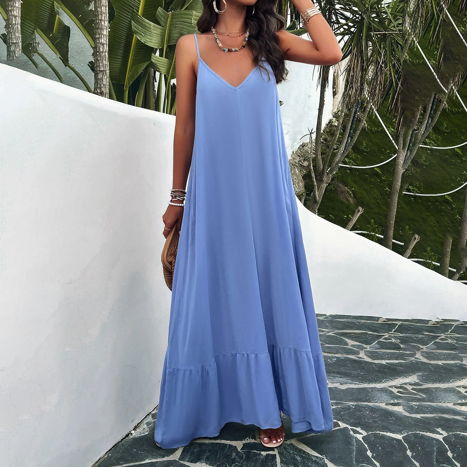 Women Clothing Spring Summer Elegant Solid Color Slip Dress