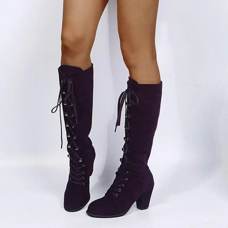 Women criss cross lace up chunky heel knee high boots