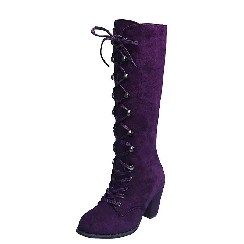 Women criss cross lace up chunky heel knee high boots