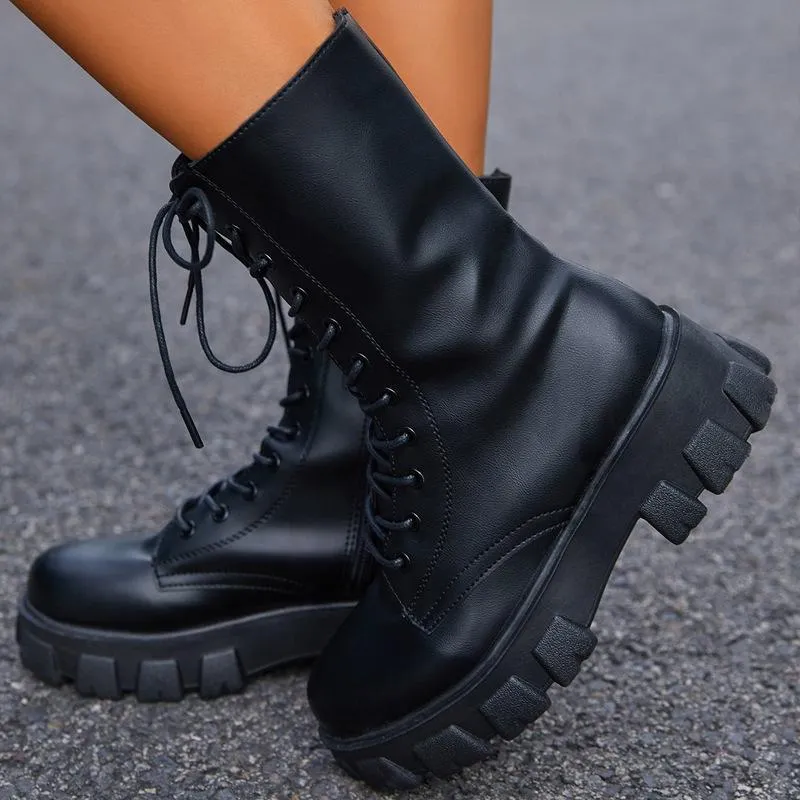 Women criss cross lace up side zipper chunky platform combat boots