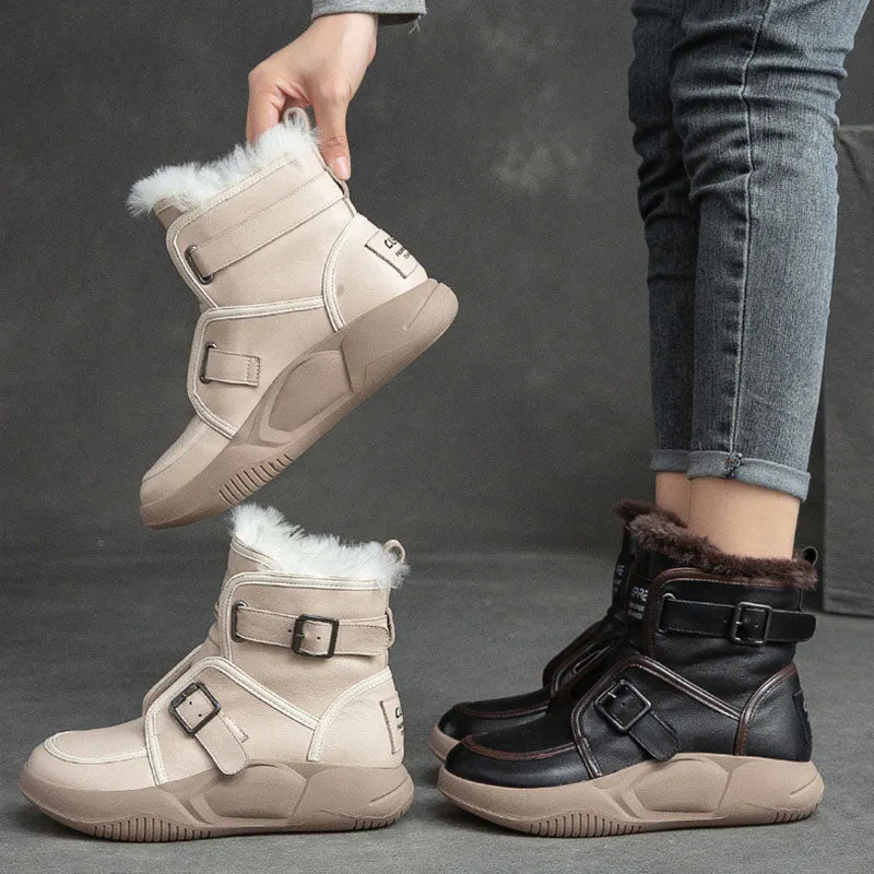 Women Fashion Cowhide Woolen Snow Boots