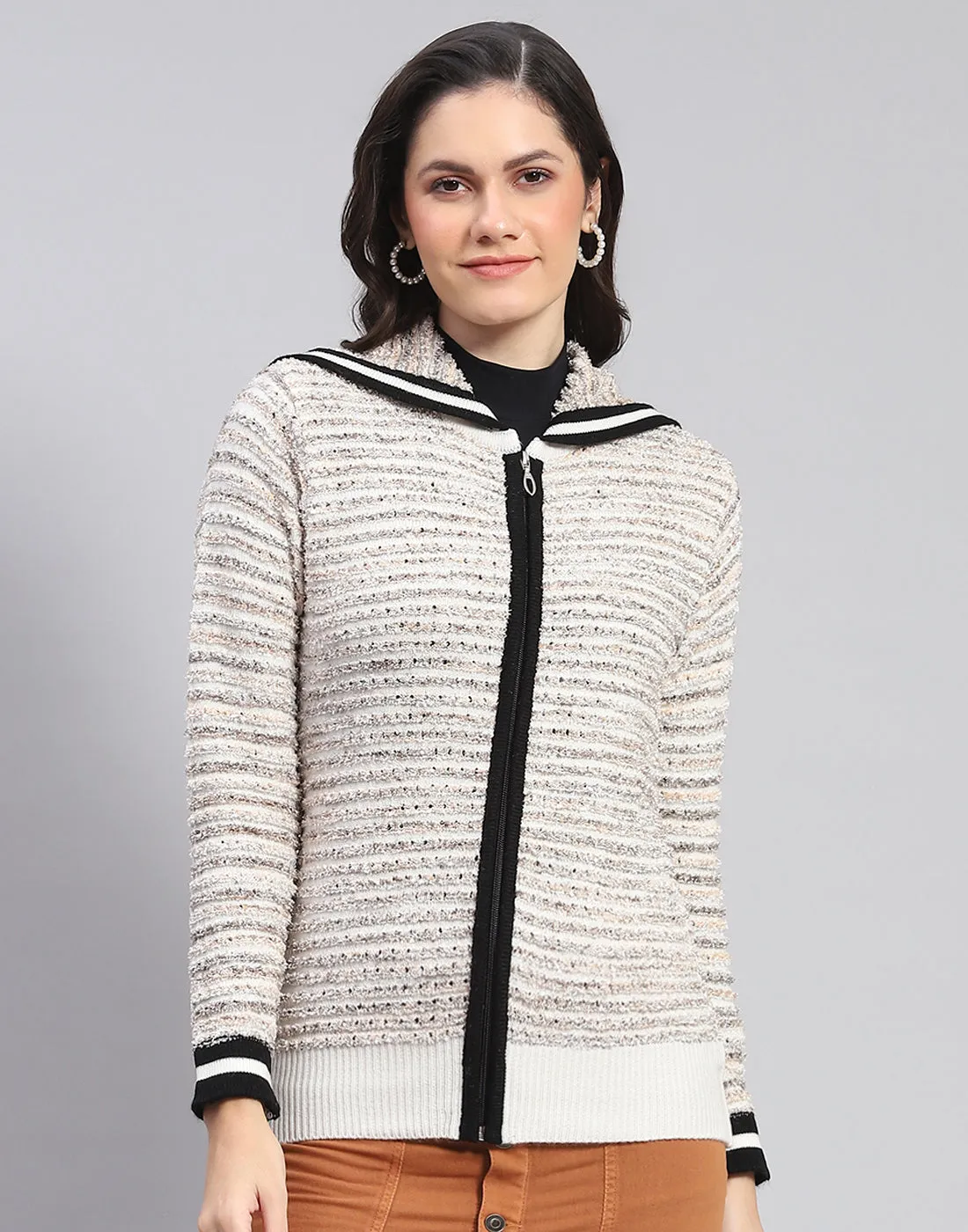 Women Off White Self Design Collar Full Sleeve Cardigan