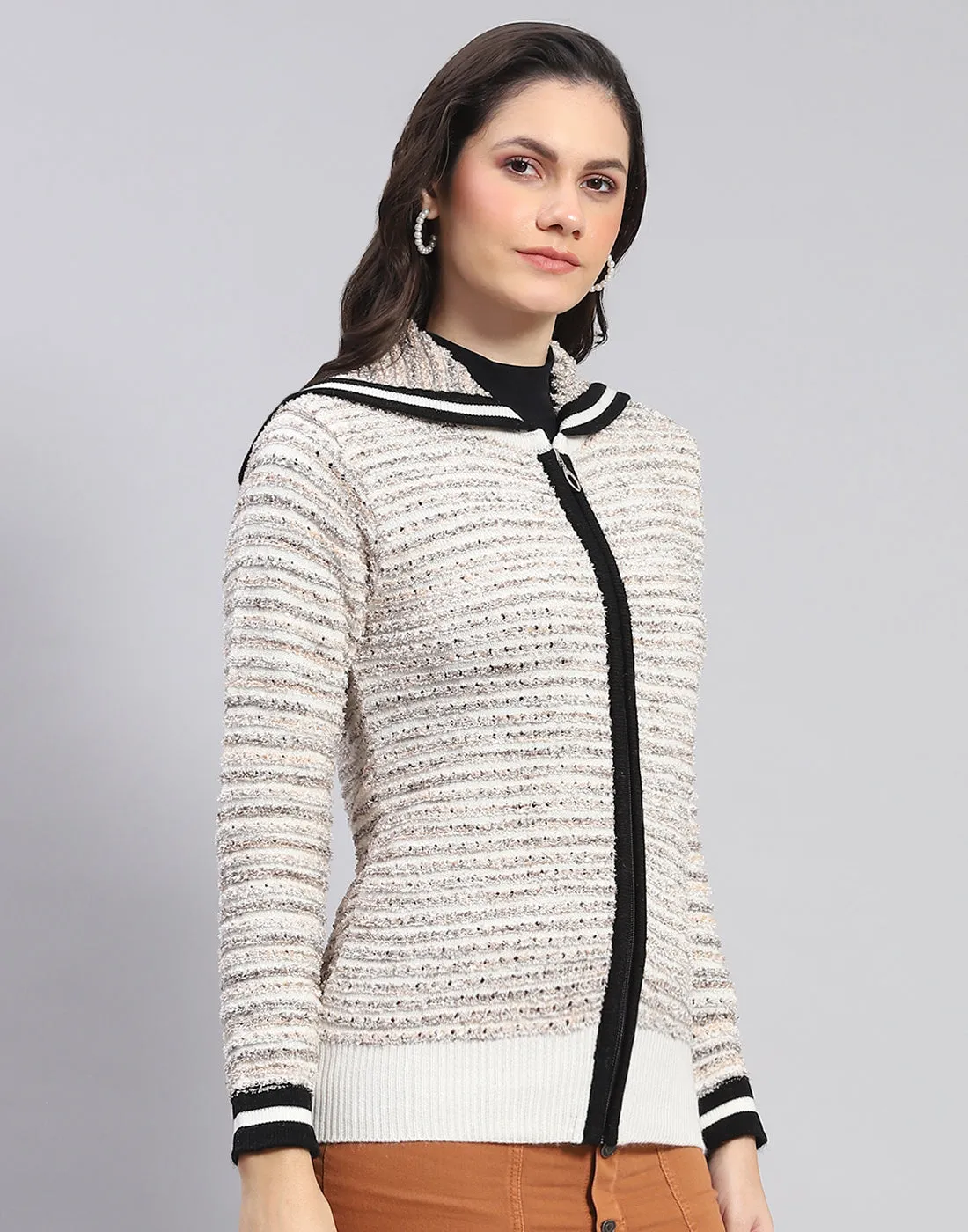 Women Off White Self Design Collar Full Sleeve Cardigan