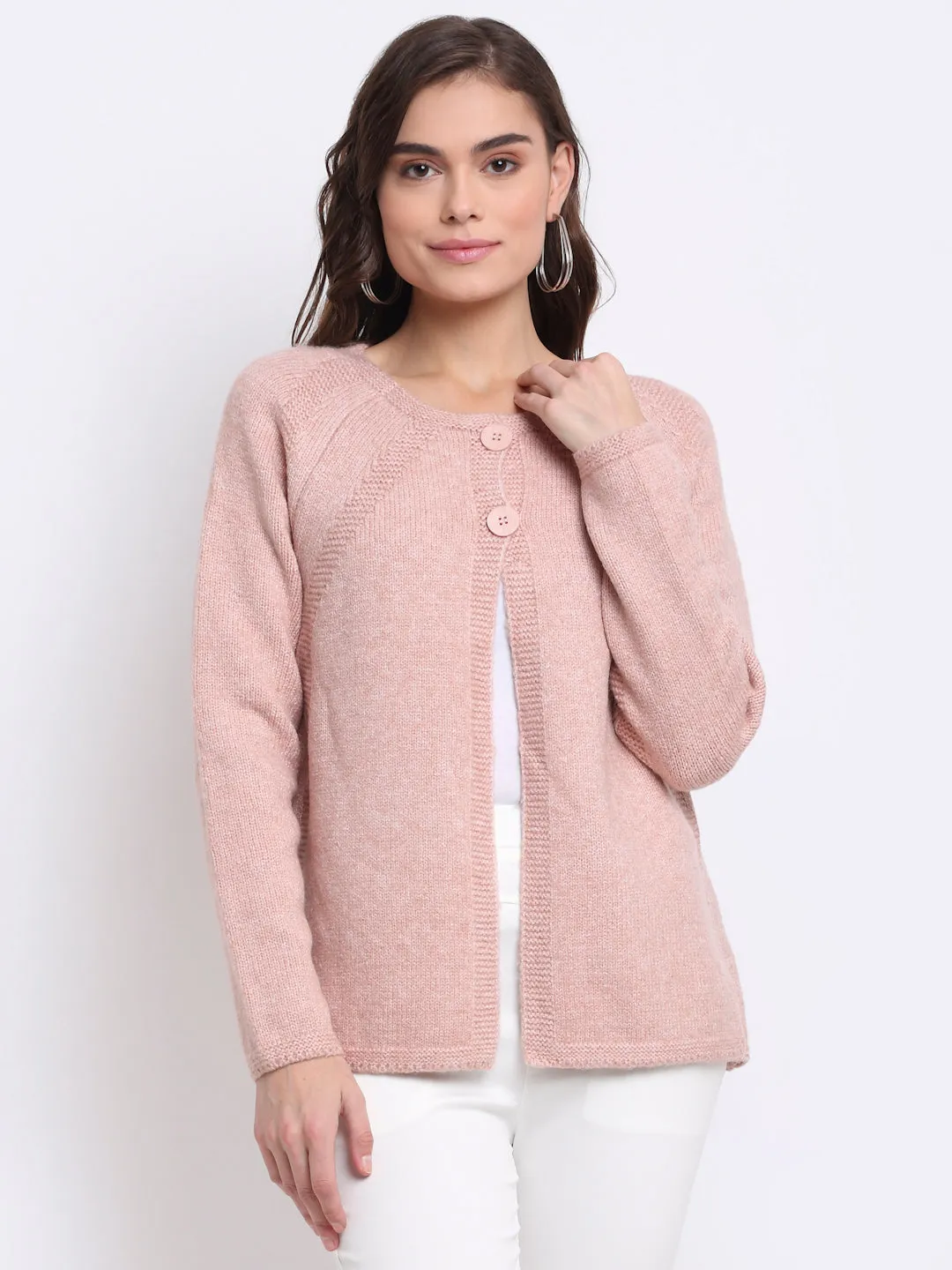 Women Pink Round Neck Solid Knitted Regular Fit Cardigan