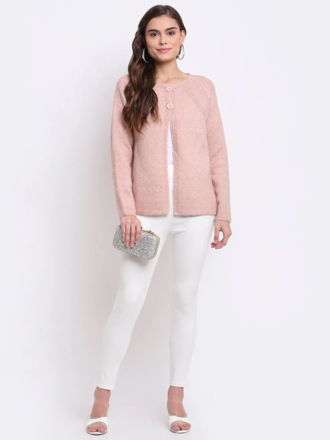 Women Pink Round Neck Solid Knitted Regular Fit Cardigan