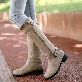 Women winter knee high faux fur chunky heel buckle strap snow boots