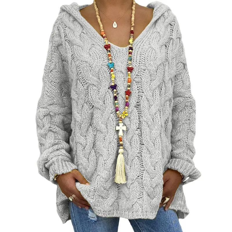 Women's cable knit sweater hooded oversized solid color tunic sweater