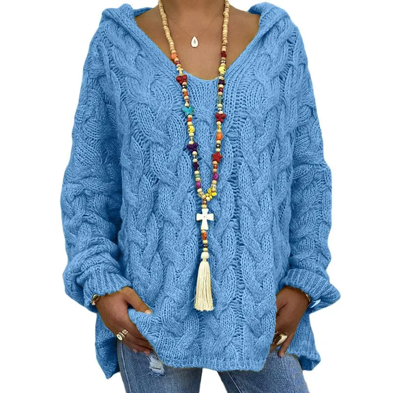 Women's cable knit sweater hooded oversized solid color tunic sweater