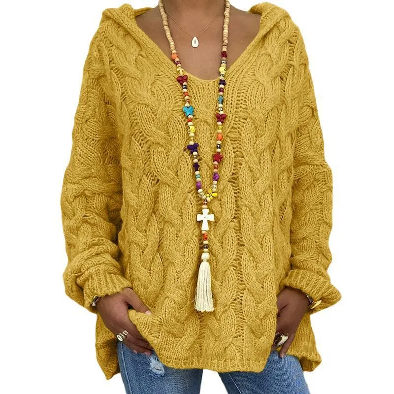 Women's cable knit sweater hooded oversized solid color tunic sweater