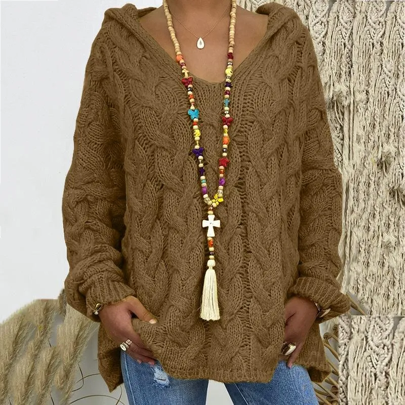 Women's cable knit sweater hooded oversized solid color tunic sweater