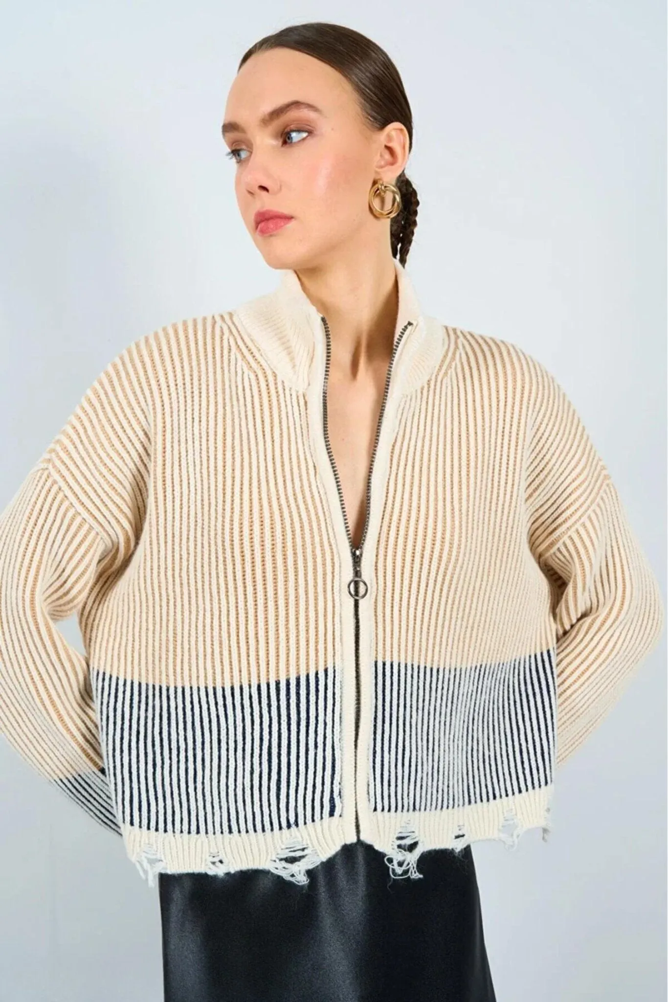 Women's Colorful Ripped Detailed Zippered Knitwear Cardigan