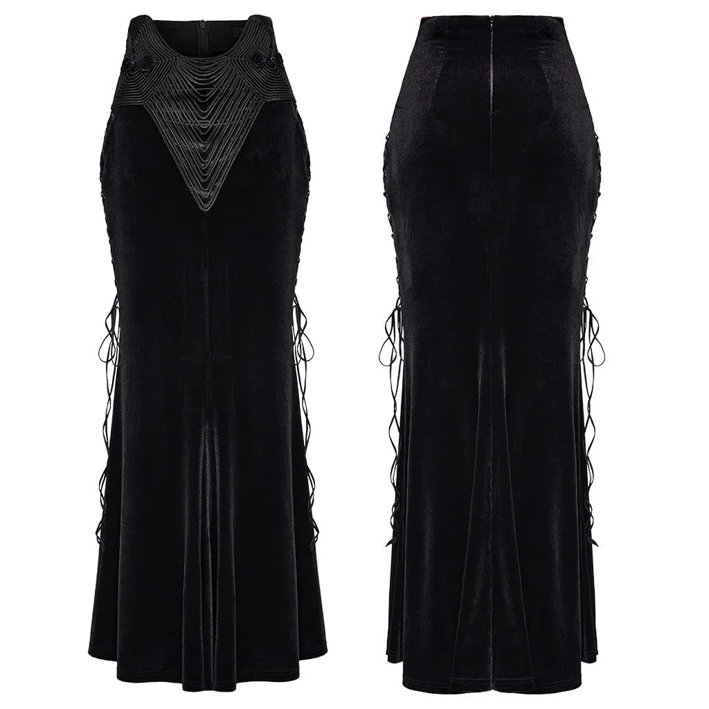 Women's Gothic Rose Embroidered Lace-up Fishtailed Velvet Skirt Black