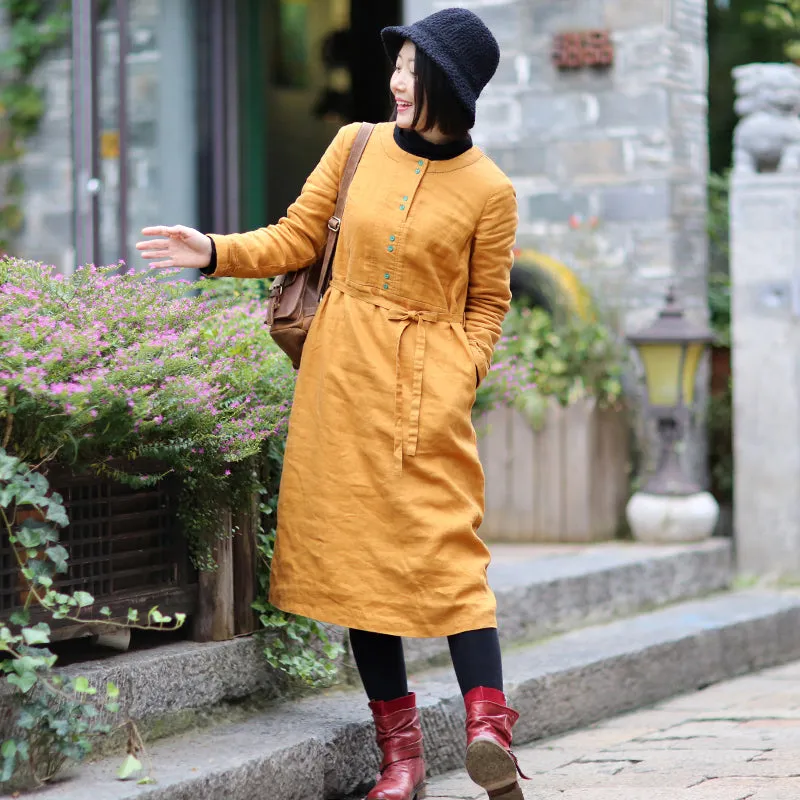 Yellow Linen Women Dresses Long Sleeves Autumn winter Women DressesWC961846