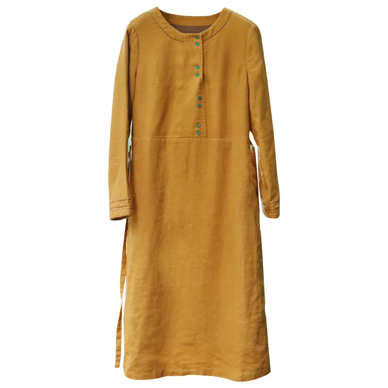 Yellow Linen Women Dresses Long Sleeves Autumn winter Women DressesWC961846