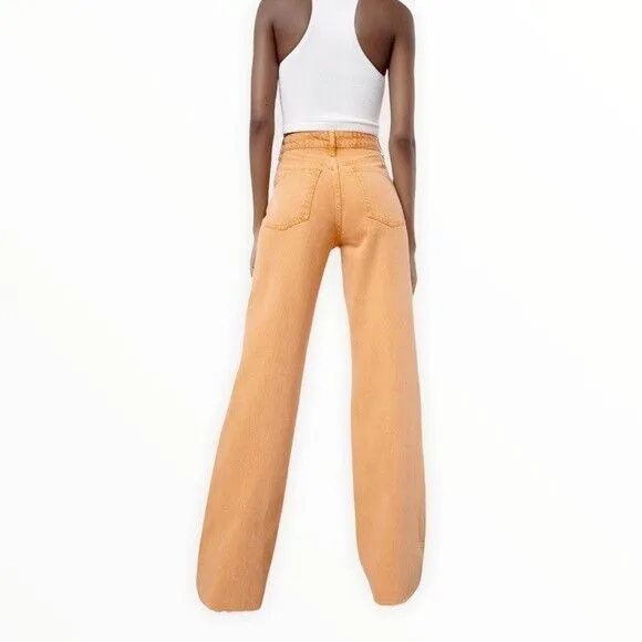 ZARA Women's High Rise Wide Leg Bubble Orange Raw Hem Denim Jeans Size 4