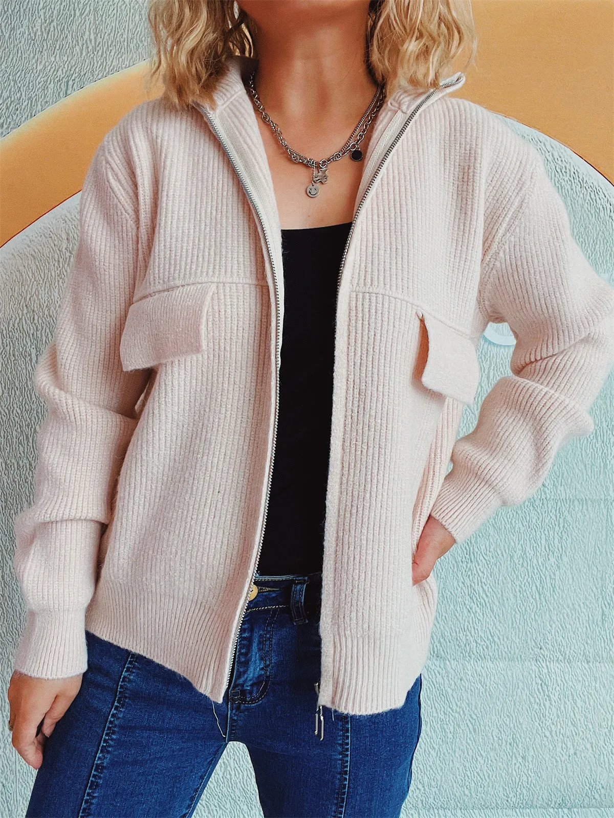 Zip Up Collared Neck Long Sleeve Cardigan | Outerwear | Fall Fashion