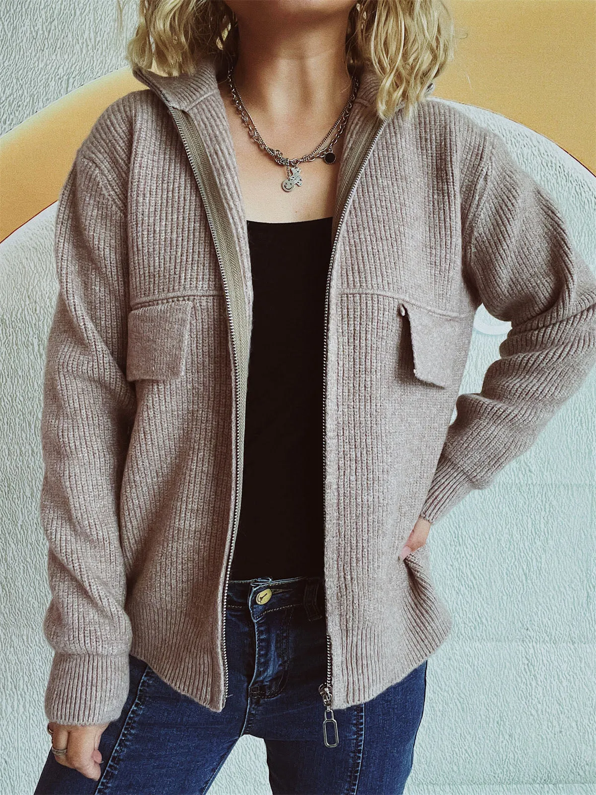 Zip Up Collared Neck Long Sleeve Cardigan | Outerwear | Fall Fashion