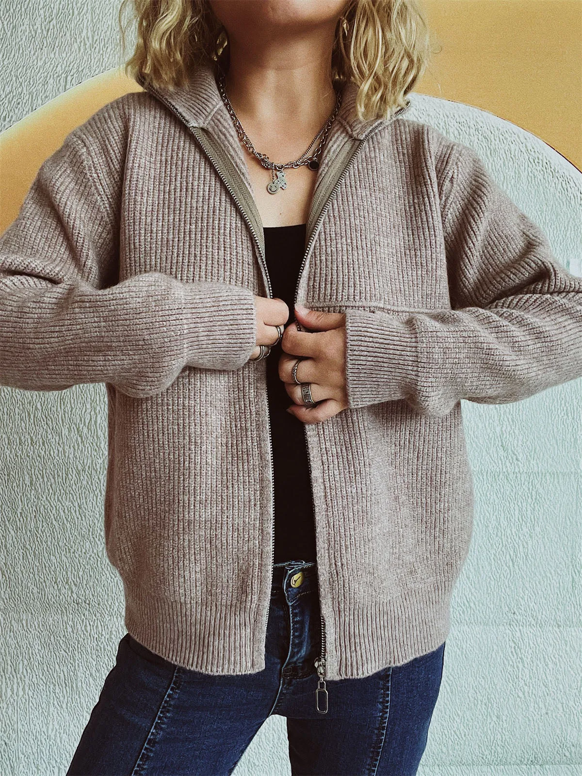 Zip Up Collared Neck Long Sleeve Cardigan | Outerwear | Fall Fashion